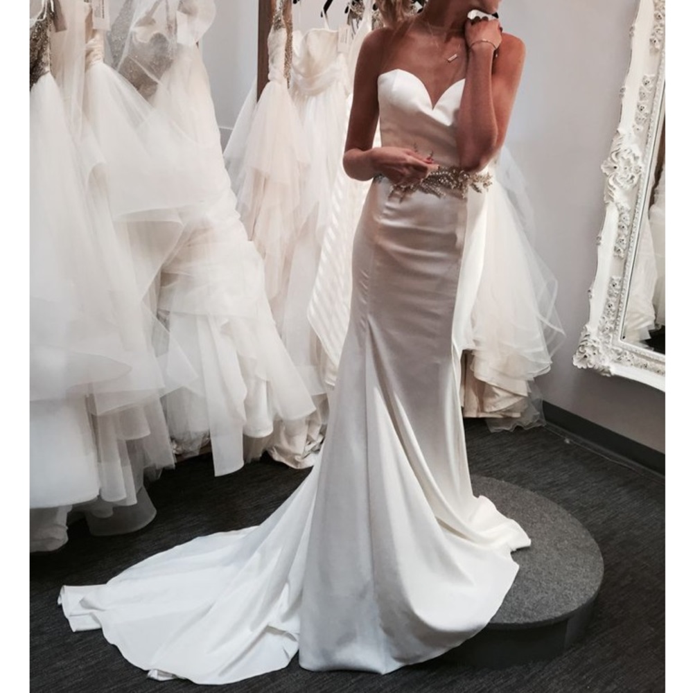 Tarik Ediz satin wedding dress with beaded back.